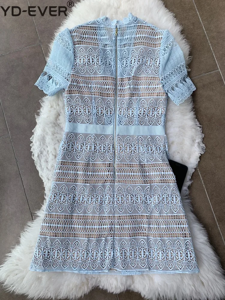 Vestidos mujer посмотрите на дешевое вырез Мода светло голубой короткий рукав трапециевидной формы для женщин кружево платье для год Vestidos kerst jurk