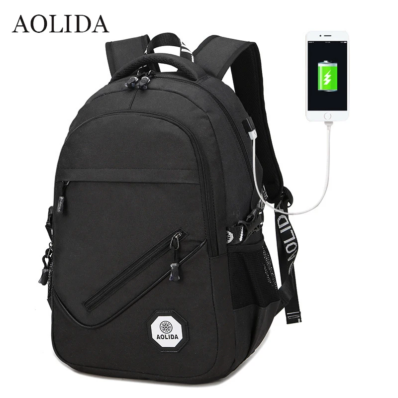 AOLIDA Backpack Men Women Canvas Bag Backpacks Men Travel USB Designer Capacity Male Backpack For School Girls Boys Black 2020