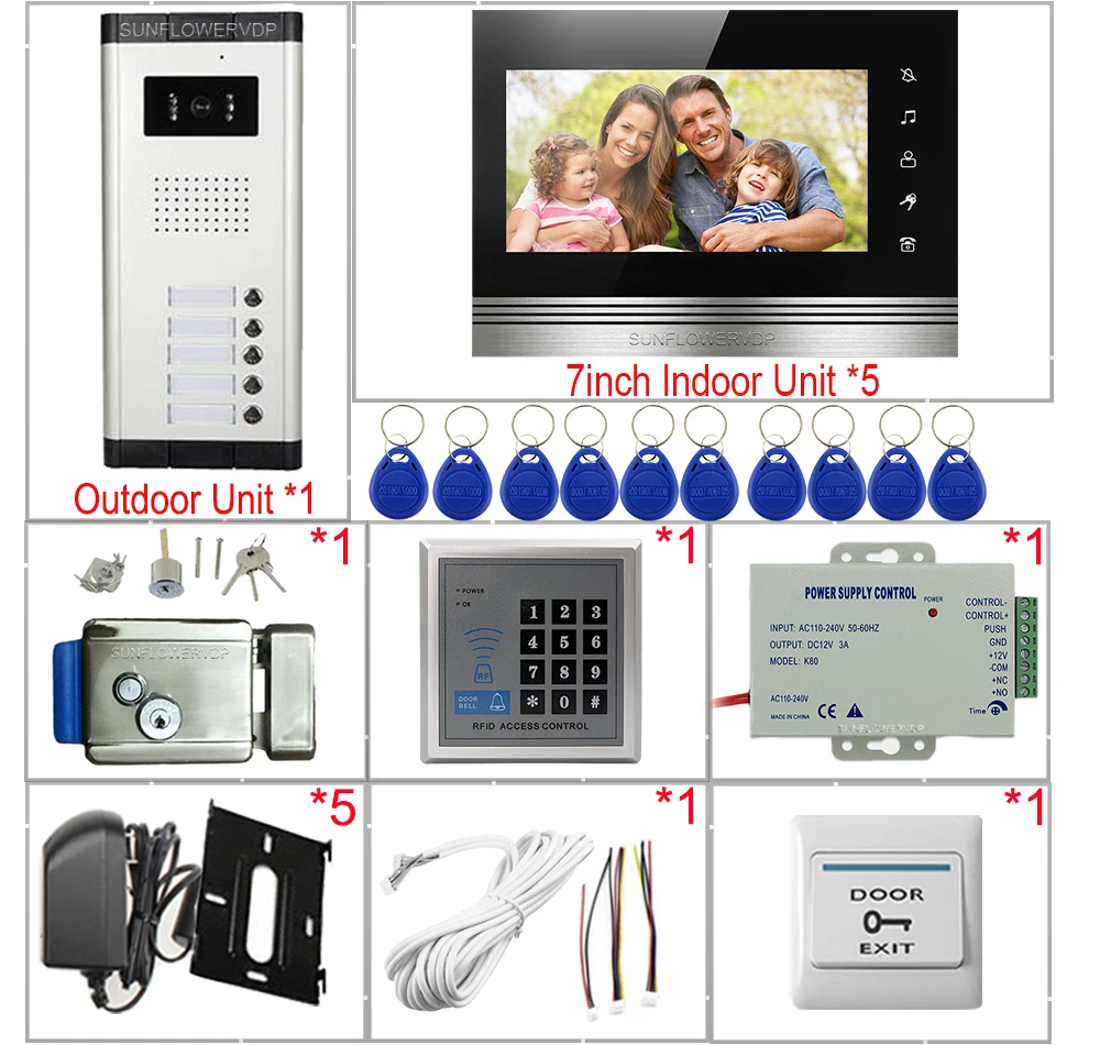 7inch Video Intercoms for Private Homes Access Control  5 Buttons + 5 Monitors Intercom in the Apartment + Electronic Door Lock