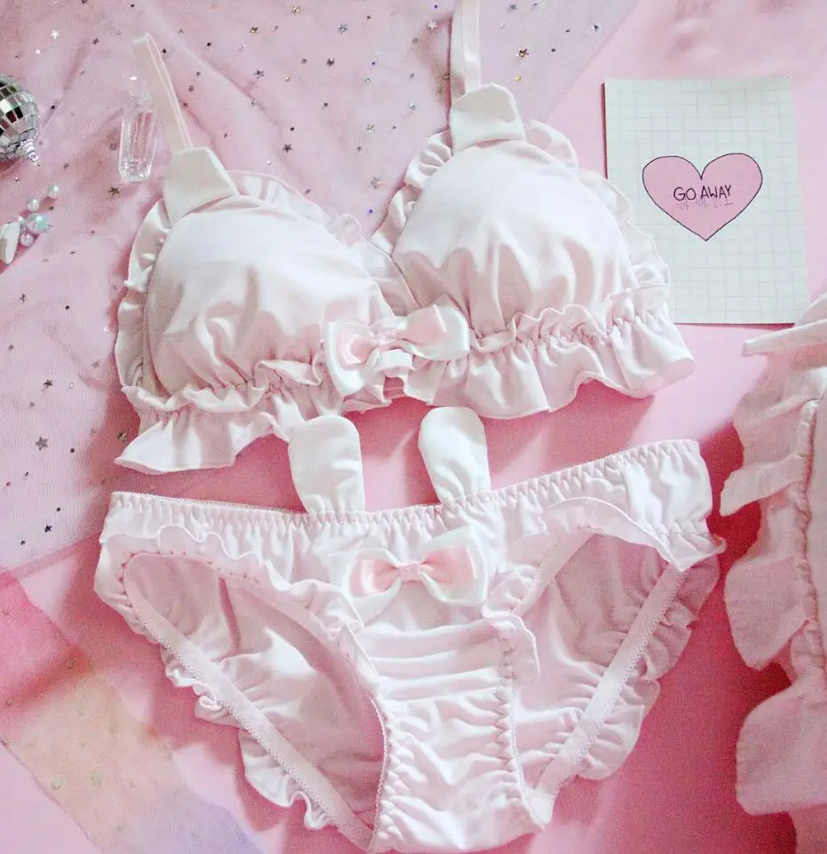 PINK Розовое, белое, японское, мягкое, для девочек, Лори, Лолита, милое, для девочек, сердце, Лолита, уши кролика, нижнее белье, без стального кольца, треугольная чашка, бюстгальтер, костюм - Цвет: PINK