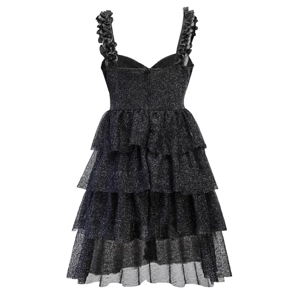 2019 women Sparkly Black Cascading A line Dress elegant Glitter Sleeveless Pleated Party for ladies | Женская одежда