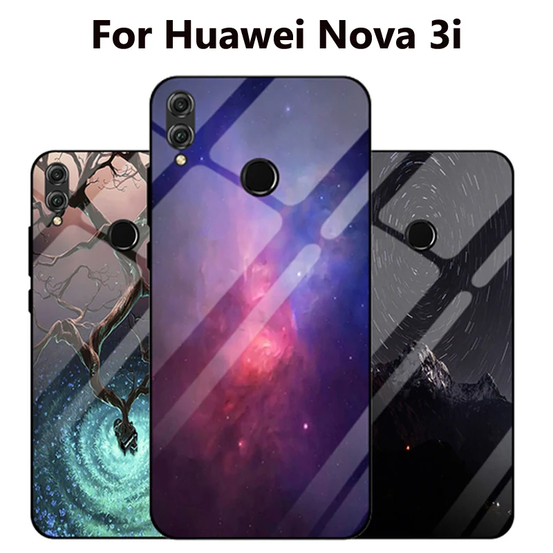 Чехол для Huawei Nova 3i из закаленного стекла с изображением звездного неба + тонкий