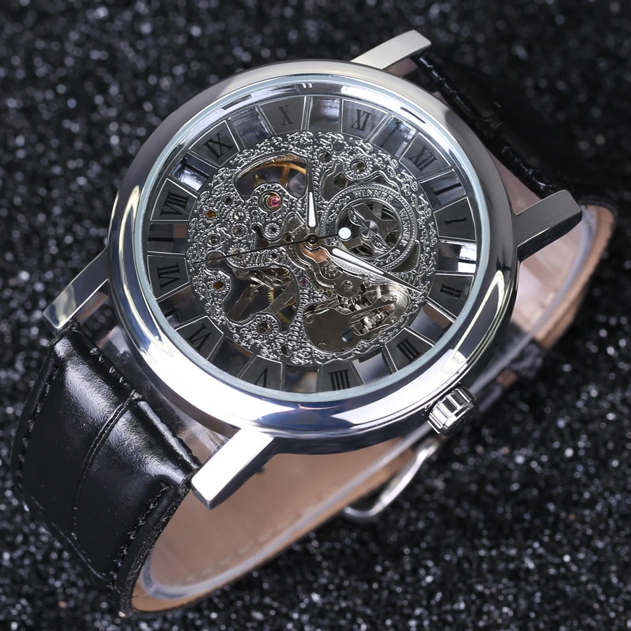 Мужские механические наручные часы-скелетоны Winner с кожаным ремешком прозрачные