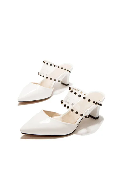 white PQECFS/Большие размеры 32-43; высококачественные летние модные Женские однотонные босоножки на среднем каблуке с острым носком, расшитые блестками; 4 цвета - Цвет: white