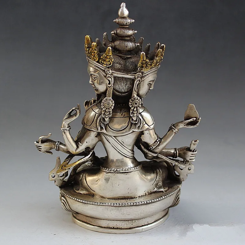 Тибетский буддийский храм Серебряный три лица восемь рук Kwan Yin статуя Будды