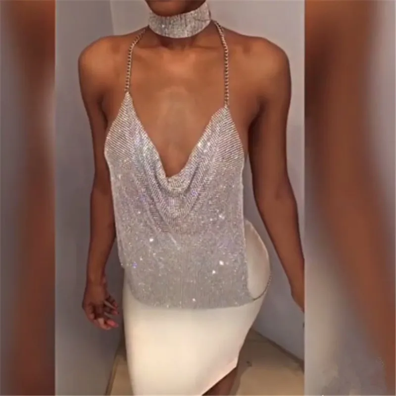 Женский топ на бретельках FestivalQueen блестящий с открытой спиной и стразами летние