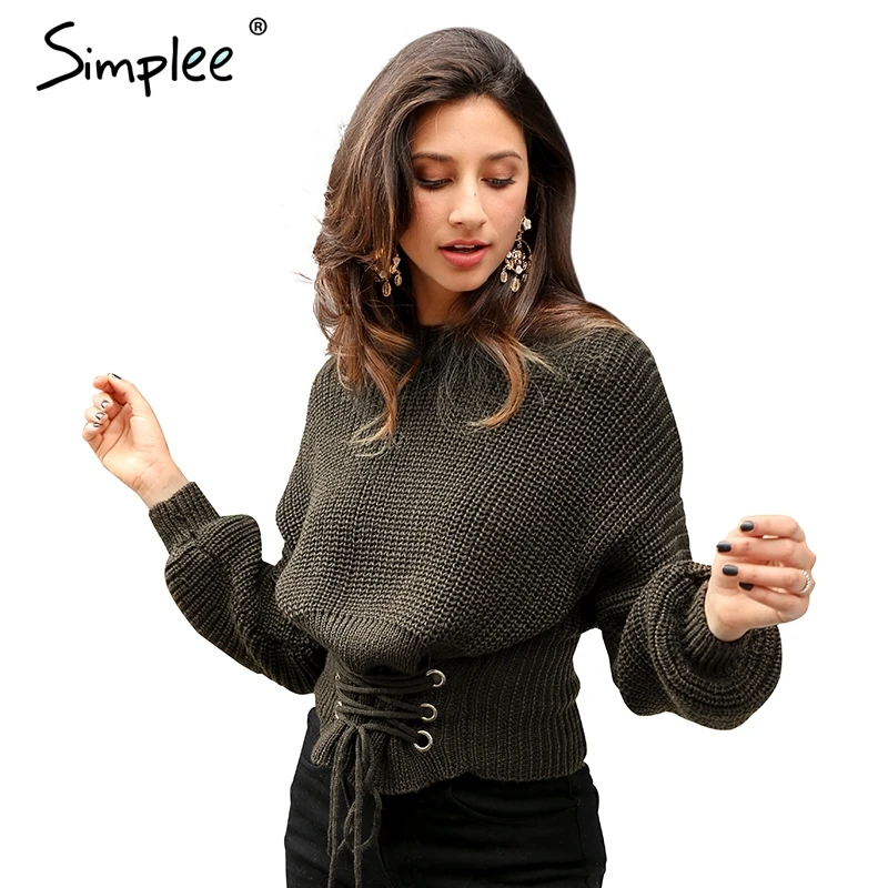 Simplee на шнуровке теплый вязаный пуловер свитер женский черный пояс длинный рукав