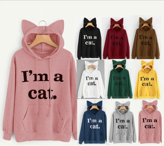 I'm A Cat Рождество женские толстовки с ушками длинным рукавом Письмо печати милые