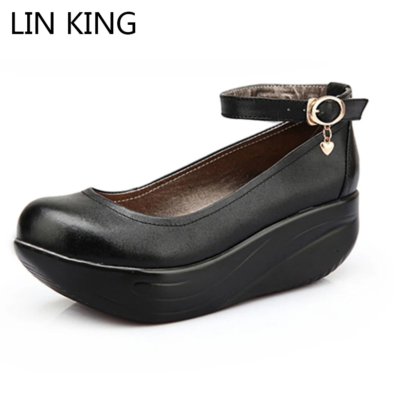 LIN KING/Модная женская обувь для танцев; однотонная обувь из искусственной кожи на танкетке с ремешком на щиколотке; женская обувь размера плюс на толстой подошве, увеличивающая рост; Рабочая обувь для медсестры