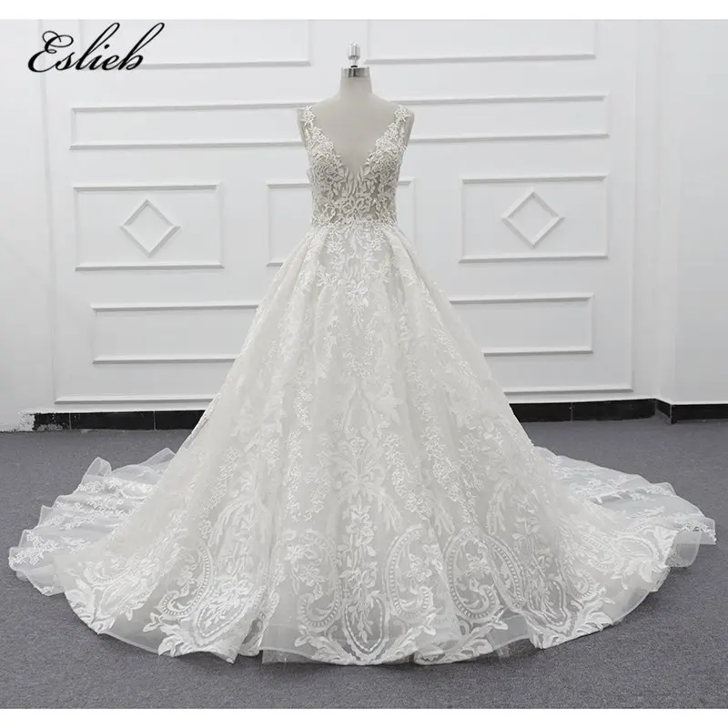 Eslieb 2019 роскошное кружевное платье без спинки в пол с v образным вырезом рукавов со