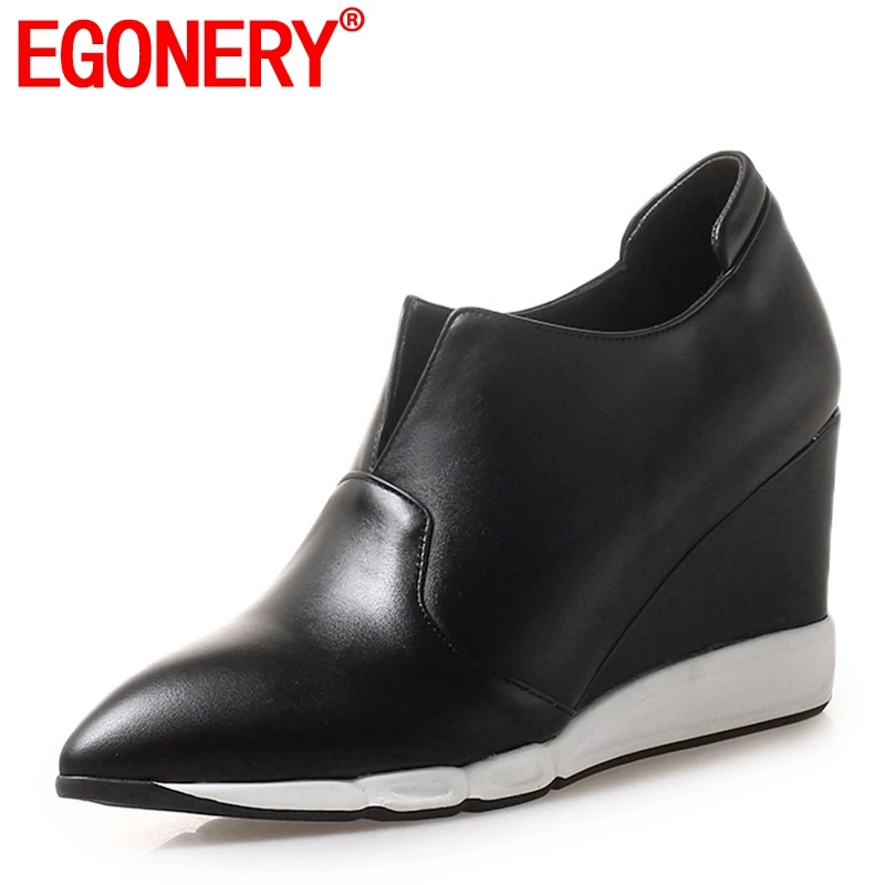 

EGONERY Hot Sale Women Pumps 2022 New Concise Casual Shoes Pointed Toe 8 Cm Platform Wedges slip-on Black And Red Sneaker