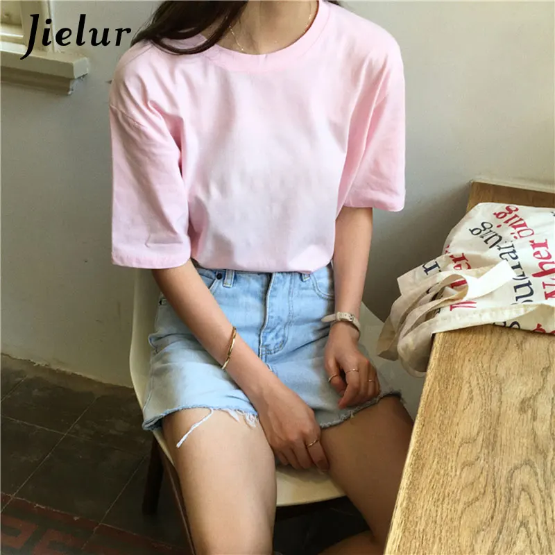 Розовый Jielur футболка 15 однотонная Базовая футболка женская повседневная с круглым вырезом Harajuku летний топ корейский хипстер белая футболка S-XL Прямая поставка - Цвет: Розовый