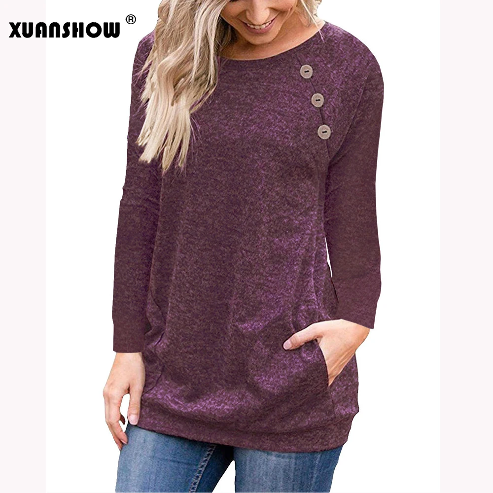 

XUANSHOW 2019 New Autumn Patckwork Long Sleeve Women's Tops Button Pocket Harajuku Ladies Pullovers Sweatshirts Plus Size 3XL T