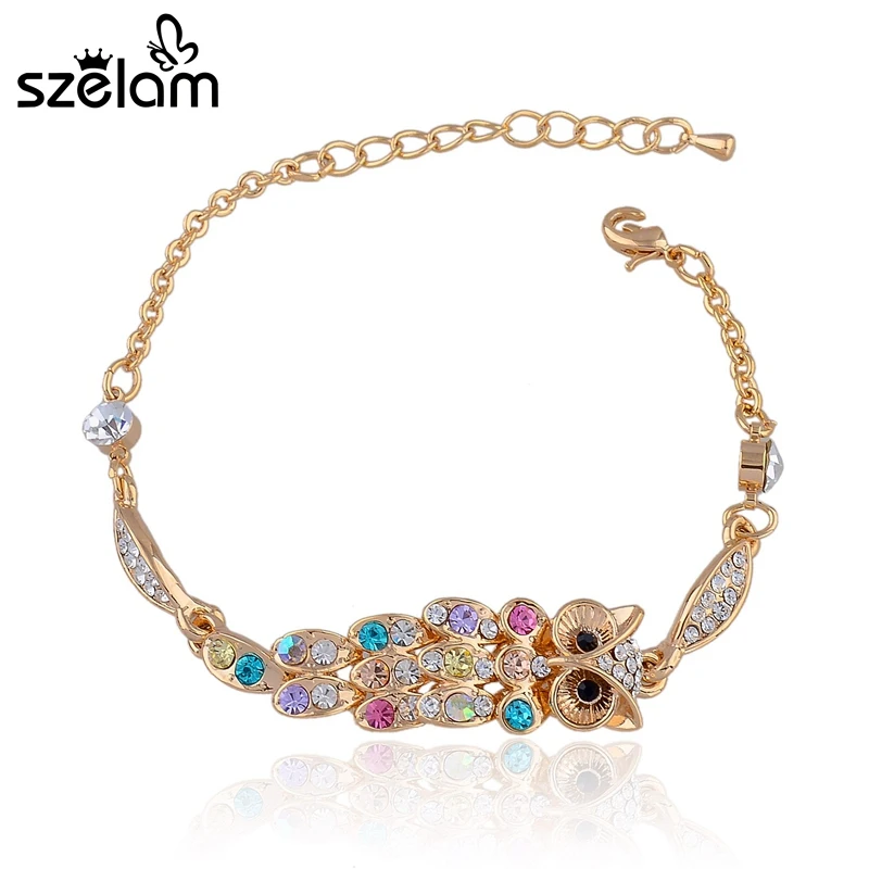 Женские разноцветные браслеты с австрийскими кристаллами Сова золотистые