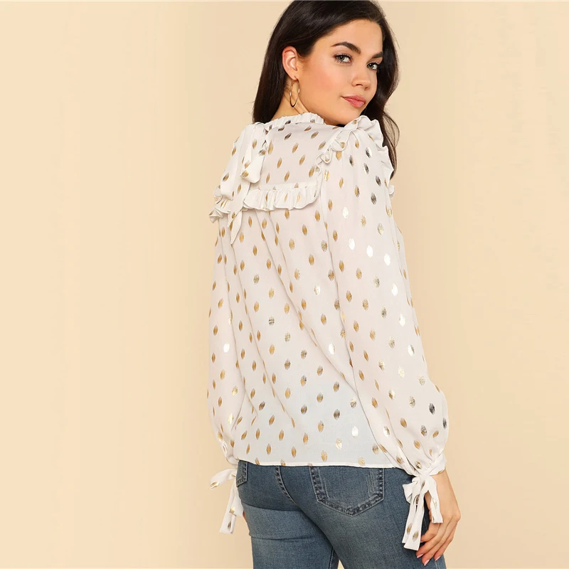 SHEIN Модный Топ С Принтом И Бантом Женская Весенняя Элегантная Блузка Со Стоячим Воротником И Длинными Рукавами