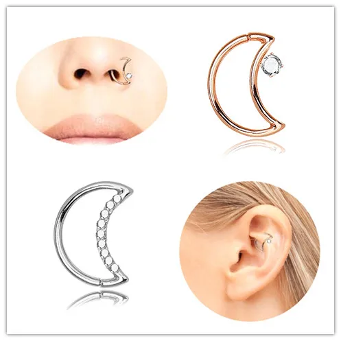 1PCS Moon Nose Ring Silver Rose Gold Hoop Septum Medical Titanium Body Clip For Women Piercing Jewelry Gift | Украшения и