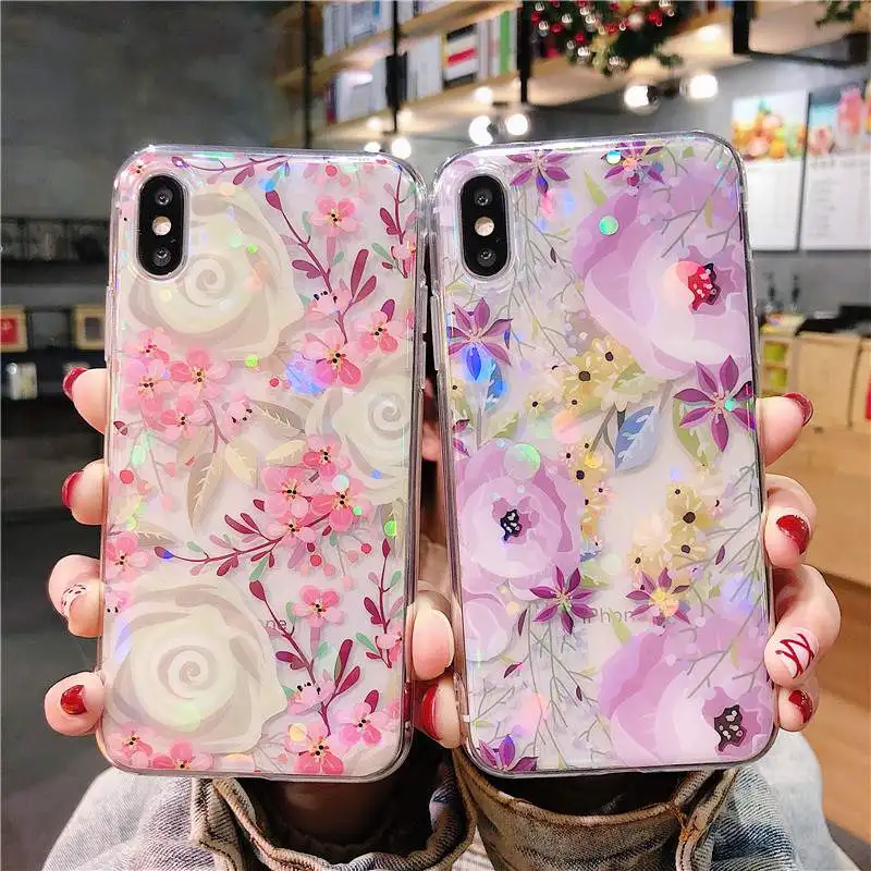 Блестящий Прозрачный чехол для телефона с цветочным рисунком iphone XS MAX XR на 6 s 7 8 Plus