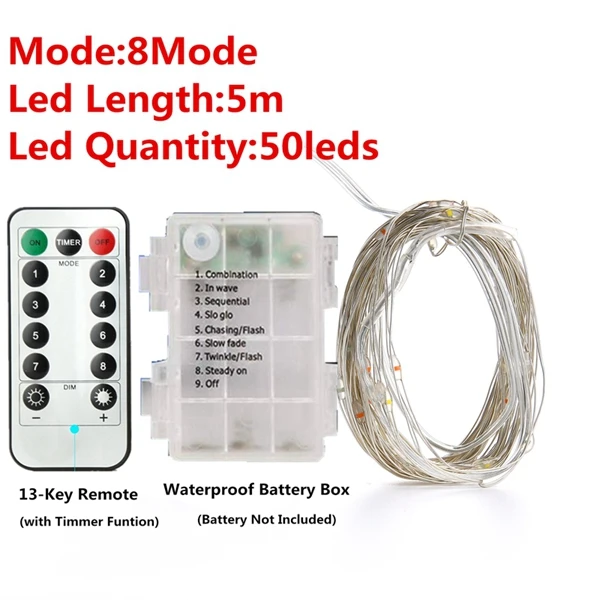 5m 50led 8 mode 8 режимов 33 фута 100 светодиодные гирлянды с батареей дистанционного управления таймером управляемый водонепроницаемый медный провод мерцающий свет - Испускаемый цвет: 5m 50led 8 mode