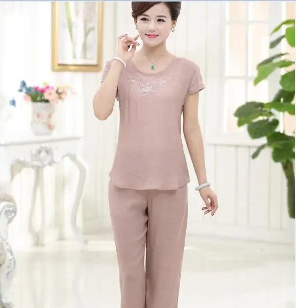 Женский костюм из двух предметов повседневный льняной с вышивкой и брюками новый