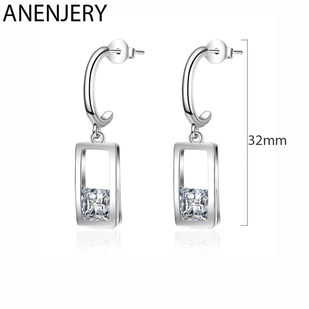 ANENJERY, 925 пробы, серебряные серьги, геометрические, прямоугольной формы, циркон, капли воды, серьги-гвоздики для женщин, S-E881