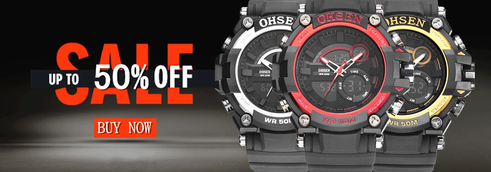 OHSEN цифровой бренд кварцевые мужские модные наручные часы montre homme две зоны дисплей резиновый ремешок желтый крутые спортивные водонепроницаемые часы