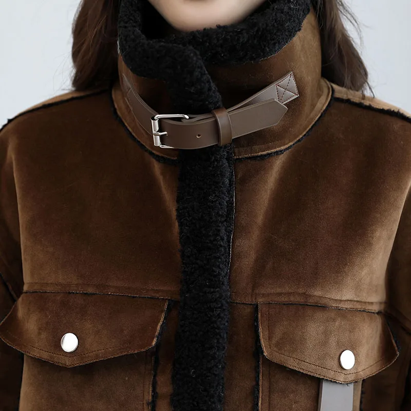 

2018 Buckskin leather Coat Warm Women plus Wool Coat Women's Winter New Long Jackets High Quality Plus Size thicker parka QH1226