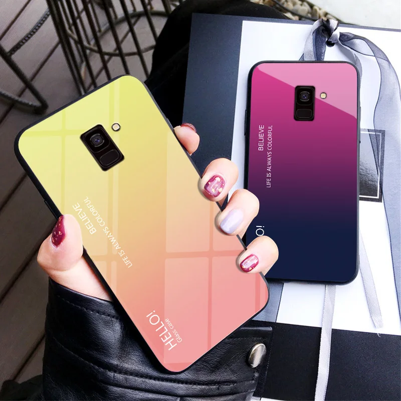 

For Coque Samsung Galaxy J6 2018 Case Luxury Gradient Hard Tempered Glass Silicone Frame Back Cover For Samsung J6 2018 Shell