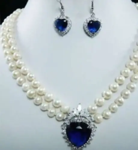 *****7-8mm White Pearl Blue Crystal Pendant Necklace+Earring DS+E+W+E+A+6+C+F | Украшения и аксессуары