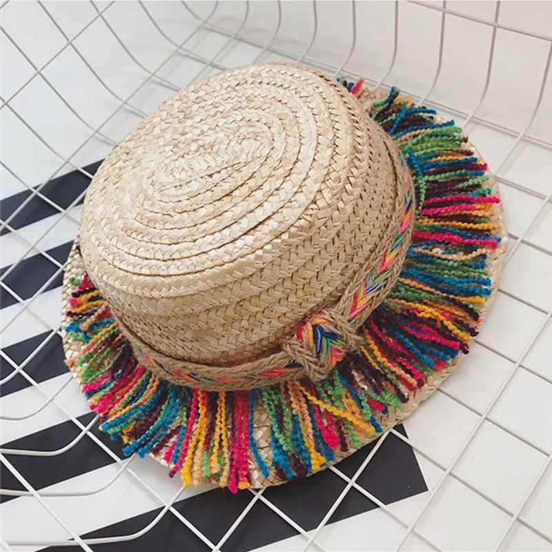 Пляжная соломенная шляпа с бахромой радужная Детская уличная от солнца женская