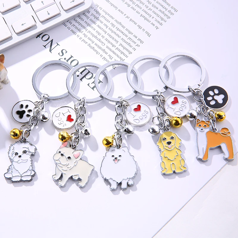 

Cute Dog Keychain Metal Pet Memorial Keychain Lovely Animal Bells Keychains Car Keyring Bulldog Pendant Bag Charm Jewelry gifts