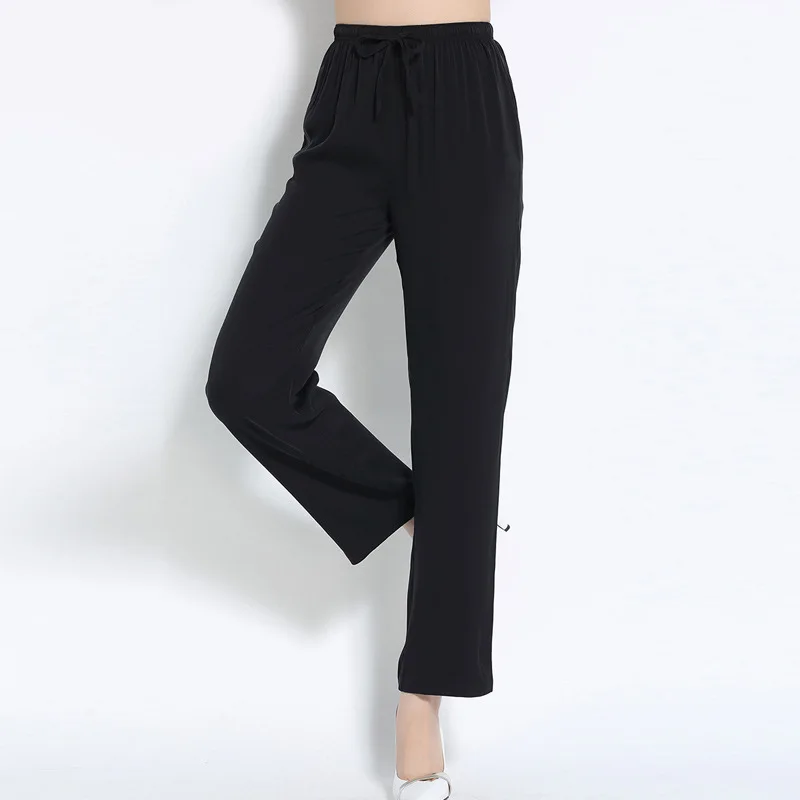 Wholesale Women Real Silk Pants High Waist Loose Casual Full Length Pants Women Slacks Comfortable Female Plus OL Pants 605
