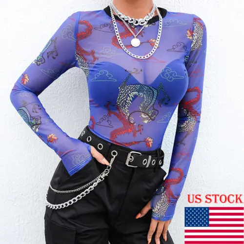 Женская сексуальная прозрачная Сетчатая футболка с длинным рукавом и принтом