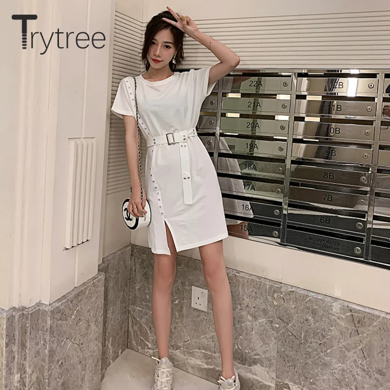 Trytree летнее Повседневное платье женское блестящее в горошек однотонное полиэфирное вечернее платье с круглым вырезом и поясом прямое платье выше колена Повседневное платье-футболка