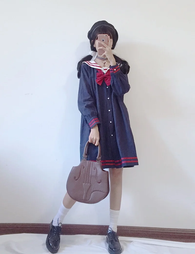 Harajuku матросский воротник темно-синее платье японская мода сладкий лук мягкая сестра Девушка Прекрасный Хлопок Kawaii преппи длинный рукав платья