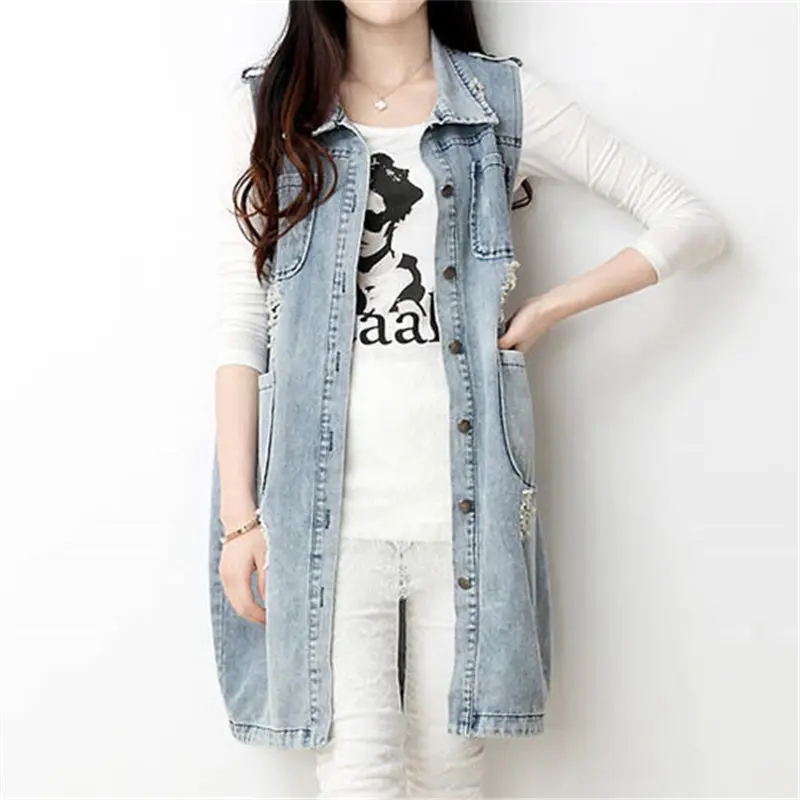 Новинка 2017 Весенняя стильная женская джинсовая жилетка большого размера средней