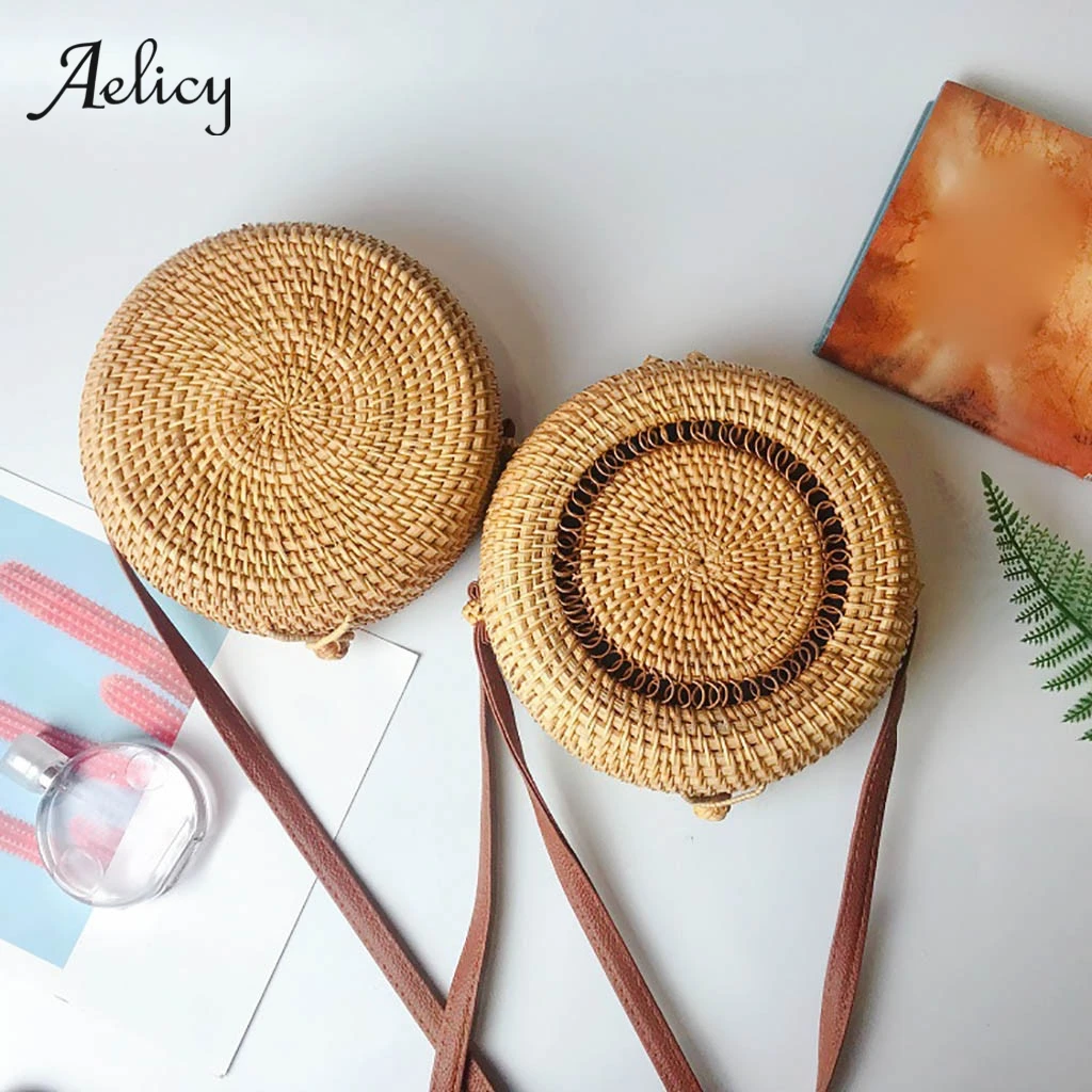 Круглая Соломенная пляжная сумка Aelicy винтажная плетеная Наплечная Сумка ручной