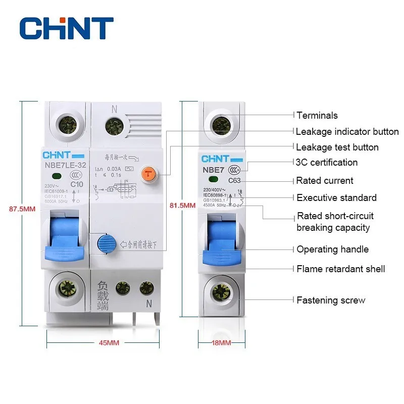 CHINT 1P + N 2P защита от утечки NBE7LE серия малые автоматические выключатели C Тип