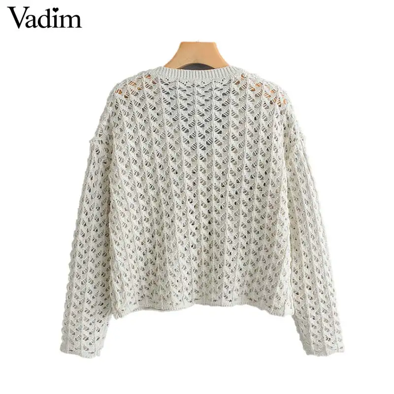 Vadim women solid knitted short cardigans hollow out sexy V neck single breasted female casual thin outwear sweater HA397 |