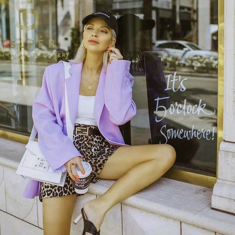 Однотонный Повседневный осенний блейзер для женщин High Street 2019 новые фиолетовые