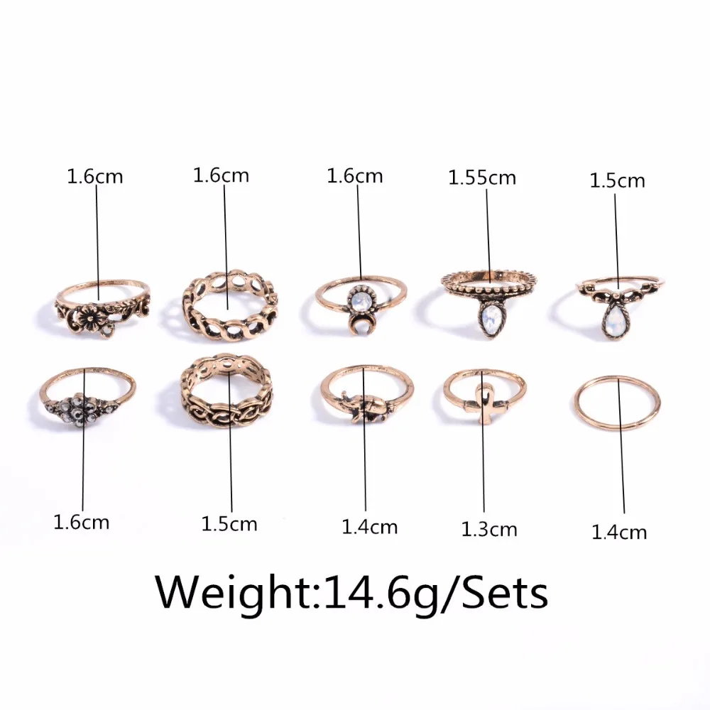 10 Pcs/Set Women Rings Set Bohemia Style Fashion Trend Finger Gold Silver Female Jewelry Elephant Moon Water Drop RS1111 | Украшения и