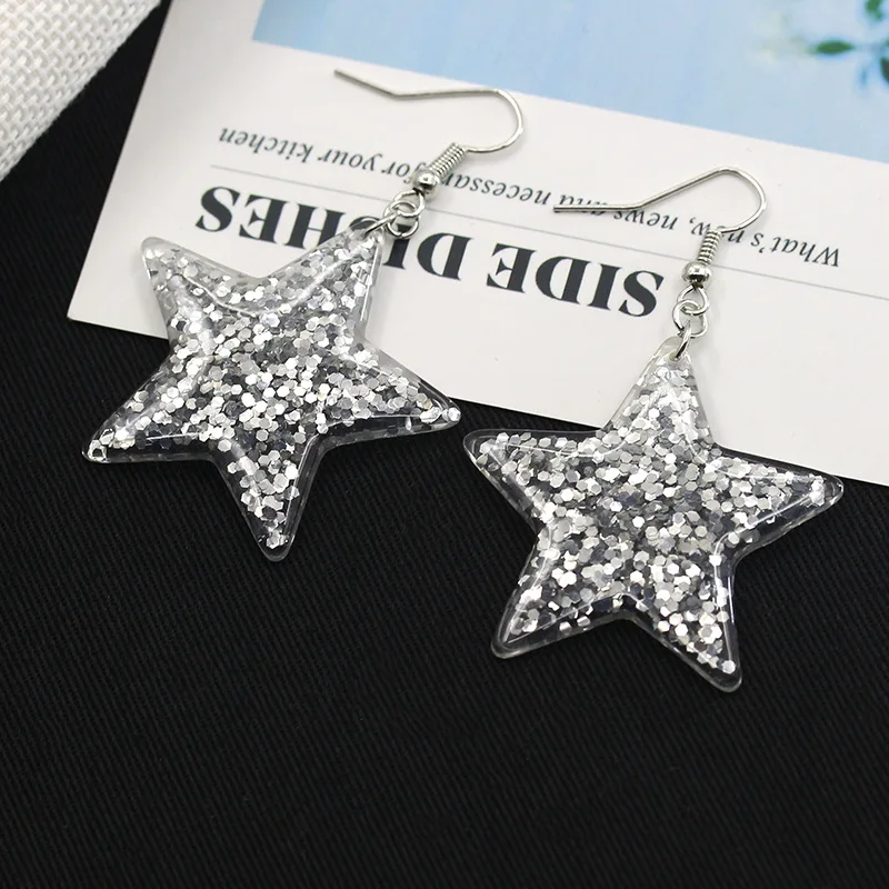 Серебряный Цвет в виде звезды серьги клипсы Блестящий акриловые форме капель