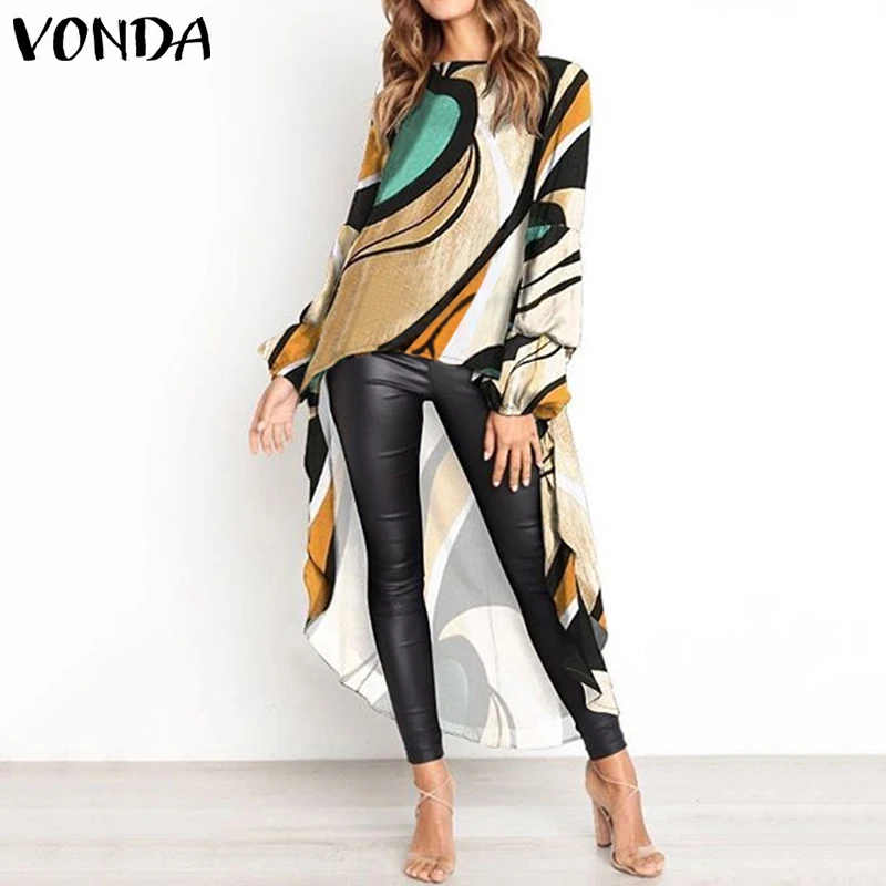 VONDA, женская блузка, повседневная, из кусков, с принтом, рубашки,, богемный стиль, длинная рубашка, с рукавом-фонариком, топы, с неровным подолом, блуза размера плюс