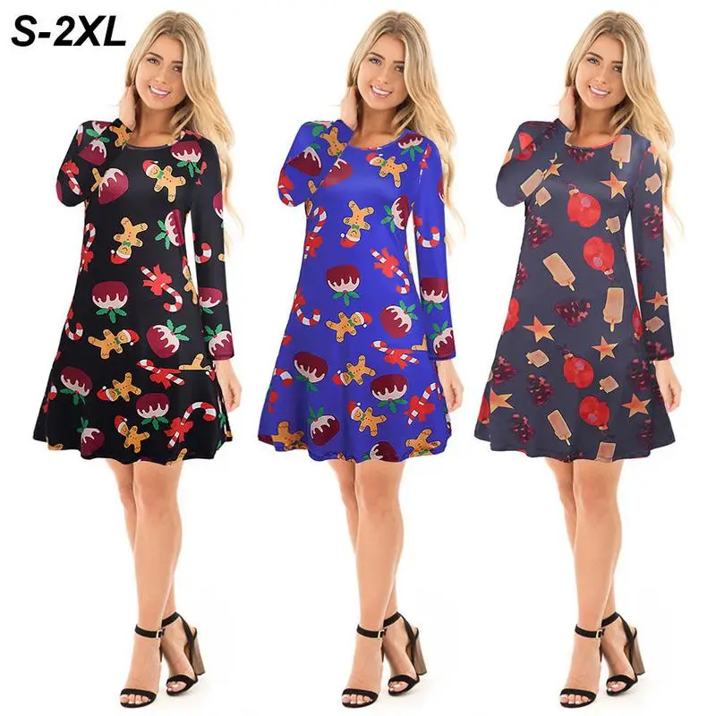 Новое Осеннее женское повседневное рождественское платье с круглым вырезом и