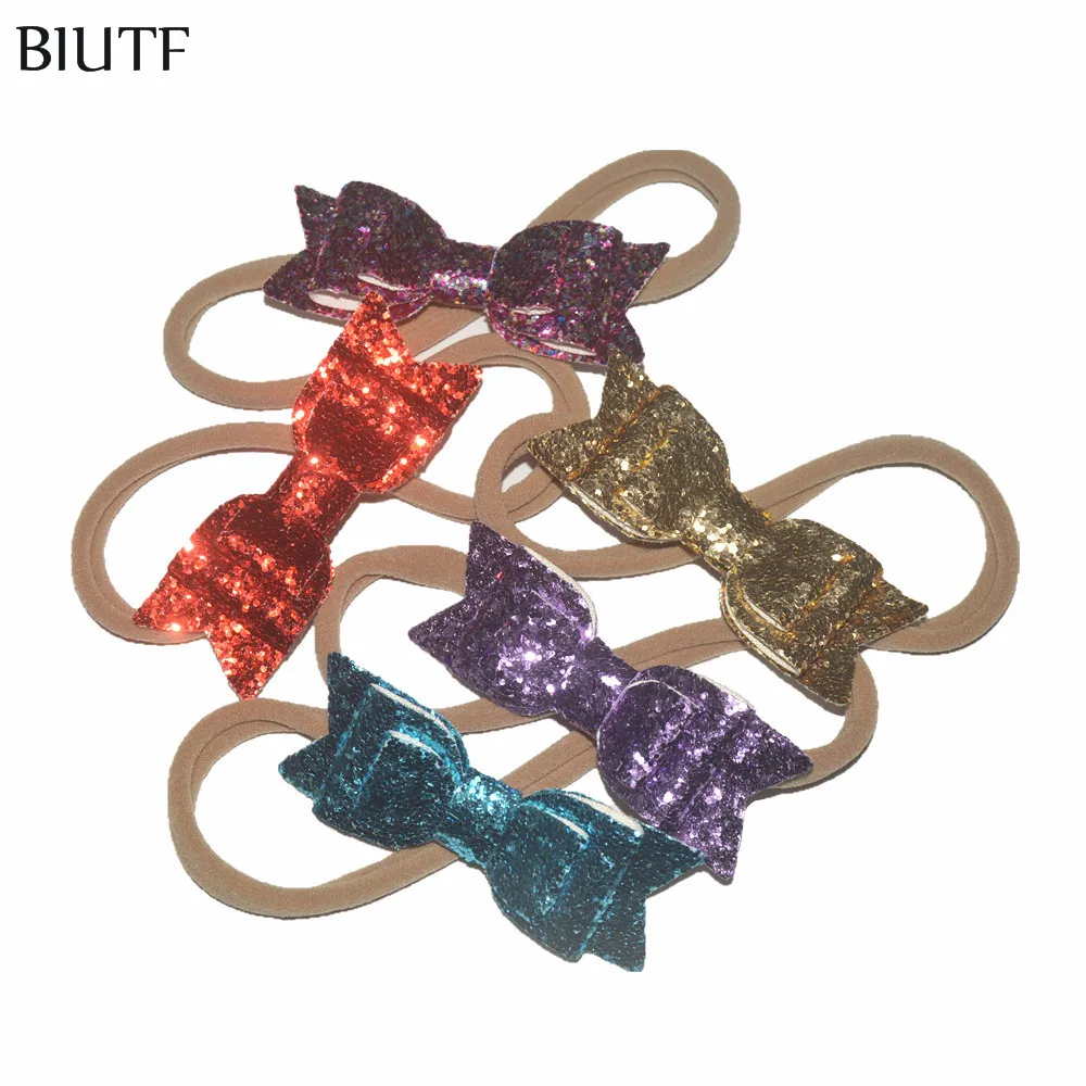 3 шт./лот нейлоновая повязка на голову с блестящим кожаным бантом 5*1 2 дюйма