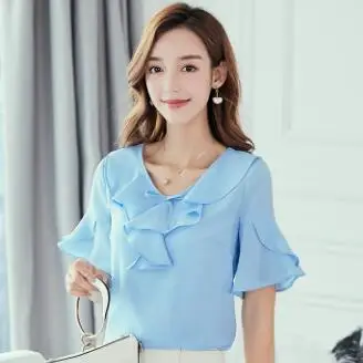 Женская летняя блузка в Корейском стиле с коротким расширяющимся книзу рукавом и