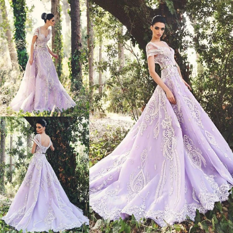 Элегантный Лаванда Свадебные Платья 2017 С Коротким Рукавом Аппликация Из Бисера