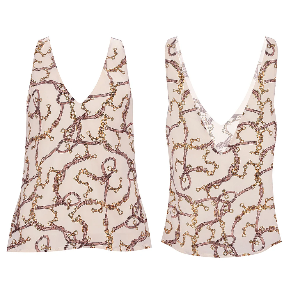 2019 Новая летняя женская мода с цепочкой без рукавов v образным вырезом