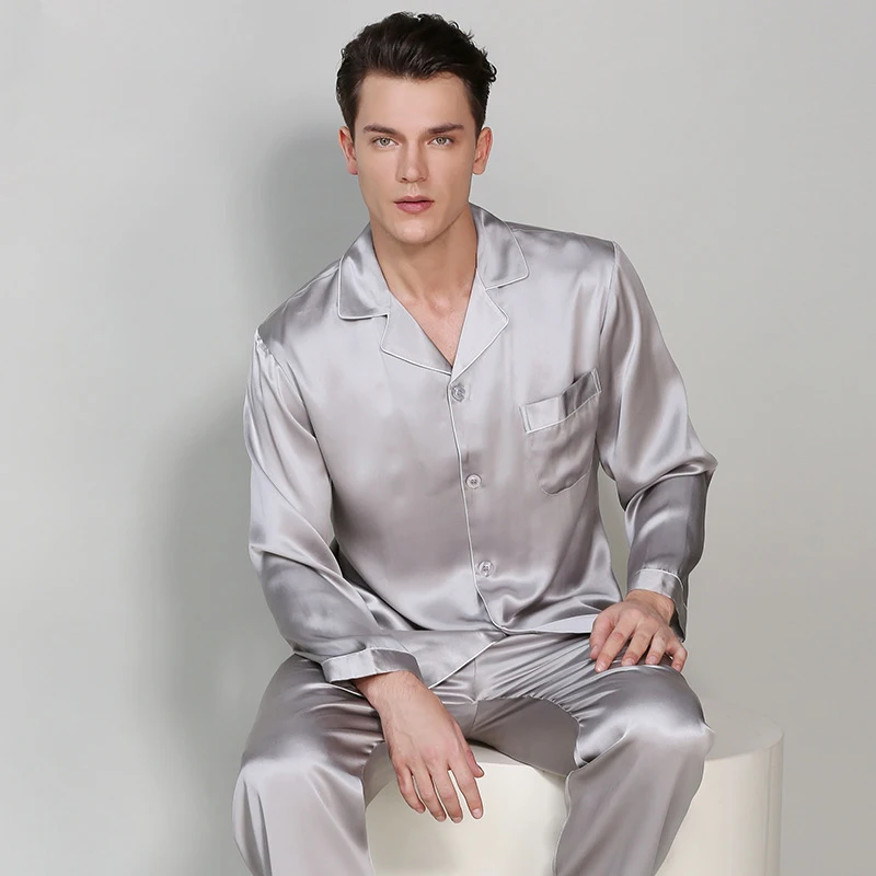 Man's Long Sleeve Genuine Silk Pajamas 19MM Heavy Silk Pyjama Sets 100% Silkworm Silk Sleepwear Male Solid Color T9002-ZB
