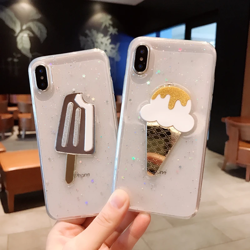3D зеркальный чехол для мороженого с блестящими звездами iPhone X XS прозрачный мягкий