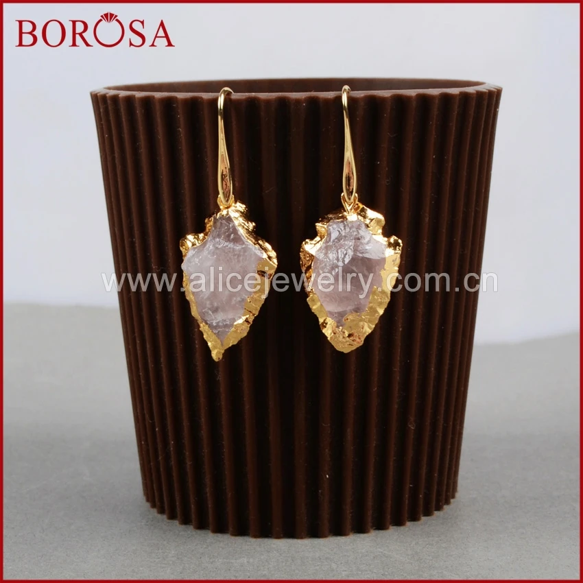 Новые серьги BOROSA золотого цвета с натуральным камнем и кварцевыми наконечниками